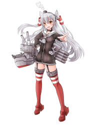 1girl amatsukaze_(kancolle) artist_request blush breasts cannon fang full_body garter_straps gloves grey_hair hand_on_own_hip high_heels kantai_collection long_hair missile orange_eyes pointing pointing_at_viewer rensouhou-kun school_uniform ship single_glove small_breasts smile thighhighs twintails watercraft weapon white_background