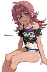 Rule 34 | 1girl, ahoge, bare shoulders, bikini, black shirt, blush, breasts, collarbone, from side, hair between eyes, hair ornament, heart, heart hair ornament, idolmaster, idolmaster shiny colors, invisible chair, komiya kaho, long hair, looking at viewer, midriff, multicolored bikini, navel, off-shoulder shirt, off shoulder, open mouth, red eyes, red hair, shirt, shisoneri, short sleeves, simple background, sitting, small breasts, smile, solo, swimsuit, swimsuit under clothes, tan, tanline, tied shirt, twitter username, two-tone bikini, wet, white background