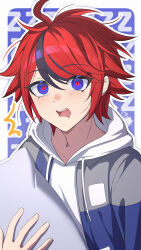 1boy black_streaks blue_eyes drooling grey_jacket highres holding holding_pillow hood jacket male_focus multicolored_hair open_mouth pillow red_hair red_pupils so_zei_tama_tama solo sumino_takumi the_hundred_line_-last_defense_academy- two-tone_hair