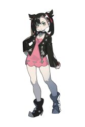 1girl absurdres asymmetrical_bangs black_boots black_collar black_hair black_jacket boots breasts cleavage closed_mouth collar collarbone commentary_request dress eyelashes full_body green_eyes hair_ribbon hand_on_own_hip highres holding holding_poke_ball jacket knees korean_commentary life_is_gag long_sleeves looking_at_viewer marnie_(pokemon) nintendo open_clothes open_jacket pink_dress poke_ball poke_ball_(basic) pokemon pokemon_swsh red_ribbon ribbon short_dress simple_background solo standing twintails white_background
