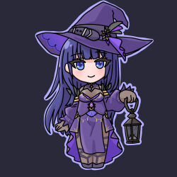 1girl black_background blue_eyes blue_hair blush bodystocking breasts chibi cleavage closed_mouth commentary_request detached_sleeves dress full_body hat highres holding holding_lantern honkai_(series) honkai_impact_3rd lantern long_hair long_sleeves looking_at_viewer medium_breasts mokkyo_(motkyo) outline puffy_long_sleeves puffy_sleeves purple_dress purple_hat purple_outline purple_sleeves raiden_mei see-through_cleavage see-through_clothes simple_background smile solo standing very_long_hair witch_hat
