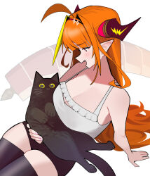 1girl ahoge anal_beads anal_tail animal animal_on_lap black_cat black_thighhighs blonde_hair bow breasts butt_plug camisole cat diagonal-striped_bow dismassd dragon_girl dragon_horns dragon_tail fake_tail frilled_camisole frills highres holding holding_animal holding_cat hololive horn_bow horn_ornament horns jacket kiryu_coco kiryu_coco_(loungewear) large_breasts long_hair long_sleeves looking_at_animal looking_at_viewer multicolored_hair official_alternate_costume on_lap open_mouth orange_hair pointy_ears red_eyes sex_toy simple_background smile streaked_hair striped_bow tail thighhighs track_jacket twintails virtual_youtuber white_camisole