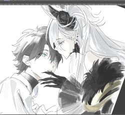 1boy 1girl aoku_mire blue_eyes demon_girl demon_horns demon_wings face-to-face fate/grand_order fate_(series) fujimaru_ritsuka_(male) green_eyes grey_hair grey_wings highres horns lilith_(fate) lilith_(third_ascension)_(fate) long_hair looking_at_another snake solo very_long_hair wings