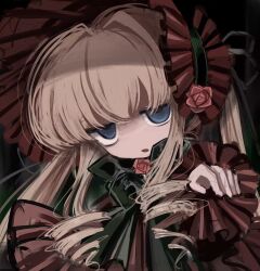 1girl :o blonde_hair blue_eyes blunt_bangs bonnet dress drill_hair flower frills hat highres lolita_fashion long_hair meyou_0319 red_bonnet red_dress red_hat ribbon rose rozen_maiden shinku solo twintails