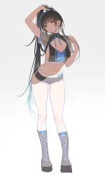1girl :p abs absurdres arm_up armpits blue_nails blunt_bangs boots breasts cleavage clothing_cutout crop_top dated full_body grey_eyes highres knee_boots light_blush long_hair micro_shorts myabit navel original see-through_clothes see-through_sleeves shorts sideboob sidelocks solo tongue tongue_out white_background