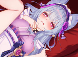 1girl bed_sheet bell black_choker blue_hair blush breasts choker clenched_hand commentary ewaaawa gem genshin_impact hair_between_eyes hand_up heart heart-shaped_pupils implied_sex japanese_clothes kimono large_breasts long_hair looking_at_viewer neck_bell paid_reward_available peanut_mouth purple_eyes purple_gemstone purple_kimono solo symbol-shaped_pupils very_long_hair yumemizuki_mizuki