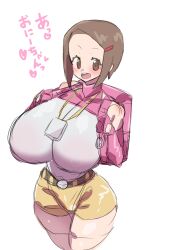 Rule 34 | 1girl, absurdres, akan mori, alternate breast size, backpack, bag, belt, blush, breasts, brown eyes, brown hair, digimon, digimon adventure 02, elbow gloves, female focus, gloves, hair ornament, hairclip, highres, large breasts, open mouth, short hair, shorts, simple background, white background, yagami hikari