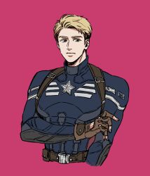 1boy animification belt blonde_hair blue_bodysuit blue_eyes bodysuit brown_belt brown_gloves captain_america captain_america:_the_winter_soldier captain_america_(series) closed_mouth commentary_request fingerless_gloves fingernails gloves hand_up jinglus4122 looking_at_viewer male_focus marvel marvel_cinematic_universe pink_background pocket short_hair simple_background solo star_(symbol) steve_rogers superhero_costume upper_body