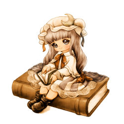 Rule 34 | 1girl, ankle boots, book, book focus, boots, bow, capelet, crescent, crescent hair ornament, double bun, dress, eyelashes, female focus, full body, grey eyes, hair bow, hair bun, hair ornament, hat, head tilt, long hair, long sleeves, looking at viewer, mini person, minigirl, mob cap, open book, patchouli knowledge, ribbon, silver hair, simple background, sitting, sitting on object, smile, solo, souri, striped clothes, striped dress, touhou, very long hair, white background