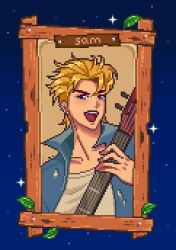 Rule 34 | 1boy, blonde hair, blue eyes, blue shirt, blue sky, character name, collared shirt, commentary, earrings, electric guitar, english commentary, guitar, highres, holding, holding guitar, holding instrument, instrument, jewelry, leaf, looking at viewer, male focus, mimpish, open mouth, picture frame, pixel art, playing guitar, playing instrument, popped collar, portrait, sam (stardew valley), shirt, short hair, sky, smile, solo, spiked hair, star (sky), stardew valley, starry sky, t-shirt, teeth, upper teeth only, white shirt