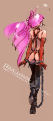 1girl antenna_hair archived_source arms_at_sides ass ball_gag blunt_bangs bondage_outfit brown_background chain collar covered_eyes cuffs drooling elbow_gloves from_behind gag gagged gloves hair_ornament hair_over_eyes long_hair looking_back original pink_hair red_gloves saliva shackles shibata_masahiro simple_background solo standing standing_on_one_leg thighhighs very_long_hair watermark web_address wiffle_gag