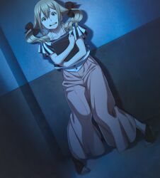 1girl against_wall baggy_clothes baggy_pants blonde_hair blue_ribbon bow bra_strap buttons collarbone computer crop_top dot_nose fukuda_tomonori full_body game_cg hair_between_eyes hair_bow high_heels highres holding holding_laptop indoors knees_together_feet_apart koujiro_frau laptop long_hair looking_at_viewer multiple_hair_bows non-web_source off-shoulder_shirt off_shoulder official_art open_mouth pants pink_pants ribbon robotics;notes robotics;notes_dash scared shirt shirt_ribbon short_sleeves sleeve_ribbon solo strap striped_sleeves sweatdrop tearing_up tears teeth toenails toes tongue twintails white_shirt yellow_eyes