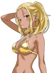 1girl absurdres arm_behind_head bikini blonde_hair blush breasts brown_eyes closed_mouth eyelashes gold_bikini gyaru highres ichinose_karina long_hair looking_at_viewer manemane_nichinichi medium_breasts navel ponytail riokasen sidelocks simple_background smile solo strap_gap swimsuit underboob upper_body white_background