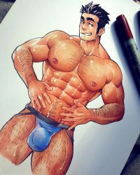1boy abs arm_hair art_tools_in_frame bara beard black_male_underwear bulge chest_hair cropped_torso dark-skinned_male dark_skin facial_hair grin hair_slicked_back highres jasdavi jockstrap large_pectorals leg_hair long_sideburns looking_at_viewer luca_(jasdavi) male_focus male_underwear mature_male muscular muscular_male navel navel_hair nipples original pectorals photo_(medium) seductive_smile shiny_skin short_hair sideburns smile solo stomach stubble thick_eyebrows thick_thighs thighs topless_male underwear wet
