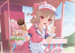 Rule 34 | 1girl, alamp, apron, blonde hair, bloom, blue sleeve cuffs, blue trim, blunt bangs, bow, colored inner hair, cowboy shot, double scoop, drill hair, drill ponytail, fangs, floating hair, food, food stand, frilled skirt, frills, hair over shoulder, heart, highres, holding, holding ice cream cone, ice cream, ice cream cone, ice cream stand, jacket, lapels, lens flare, makaino ririmu, multicolored hair, name tag, nijisanji, official alternate costume, official alternate hairstyle, open mouth, outdoors, pink bow, pink hair, pink jacket, pointy ears, puffy short sleeves, puffy sleeves, red eyes, short sleeves, sidelocks, skirt, smile, solo, streaked hair, striped bow, striped clothes, striped jacket, striped skirt, v, vertical-striped bow, vertical-striped clothes, vertical-striped jacket, virtual youtuber, visor cap, waist apron, waitress, white wrist cuffs, wrist cuffs