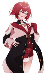 1girl ange_katrina ange_katrina_(1st_costume) black_coat blue_eyes blush cardigan coat commentary_request cowboy_shot crossed_bangs dress hair_between_eyes hair_intakes hair_ornament hand_on_own_chest hand_on_own_hip looking_at_viewer nijisanji off_shoulder open_mouth red_cardigan red_hair shigure_(sigre) short_dress short_hair simple_background sleeves_past_wrists smile solo triangle_hair_ornament virtual_youtuber white_background white_dress