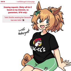 1girl :d alternate_costume animal_ears black_shirt blue_eyes breasts brown_hair buc-ee&#039;s buc-ee&#039;s_beaver commentary cowboy_shot english_commentary english_text green_shorts hair_ornament horse_ears horse_girl horse_tail large_breasts looking_to_the_side open_mouth ponytail request_inset round_teeth shirt short_hair shorts simple_background sitting smile solo star_(symbol) star_hair_ornament strawpage t-shirt taiki_shuttle_(umamusume) tail teeth umamusume upper_teeth_only white_background wolfdetergent