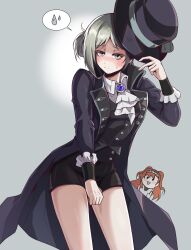 ._. 2girls ascot black_coat black_hat black_skirt black_vest blue_bow blush boater_hat bow checkered_hairband chibi chibi_inset closed_mouth coat collared_shirt cowboy_shot embarrassed grey_background grey_eyes grey_hair hair_bun hairband hand_up hat hat_bow highres holding holding_unworn_clothes holding_unworn_hat long_hair looking_at_viewer miniskirt multiple_girls pencil_skirt reverse:1999 shirt short_hair single_side_bun singwee skirt skirt_tug solo_focus sonetto_(reverse:1999) speech_bubble spoken_sweatdrop sweat sweatdrop unworn_hat unworn_headwear vertin_(reverse:1999) vest waistcoat white_ascot white_shirt