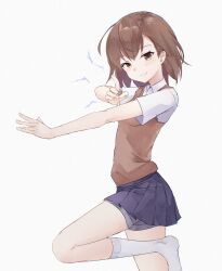 1girl ahoge blue_skirt blush breasts brown_cardigan brown_eyes brown_hair cardigan cardigan_vest coin collared_shirt commentary_request cowboy_shot danraz0r dress_shirt electricity electrokinesis from_side grey_shorts hair_between_eyes highres holding holding_coin kneehighs lightning medium_hair miniskirt misaka_mikoto outstretched_arm pleated_skirt pointing railgun_(misaka_mikoto) school_uniform shirt short_shorts short_sleeves shorts shorts_under_skirt simple_background skirt small_breasts smile socks solo standing standing_on_one_leg toaru_kagaku_no_railgun toaru_majutsu_no_index tokiwadai_school_uniform turning_head white_background white_shirt white_socks