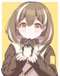 1girl animal animated animated_gif arknights bird blinking blush_stickers border brown_hair chinese_commentary closed_mouth commentary_request cupping_hands gloves hair_between_eyes highres holding holding_animal long_sleeves looking_at_viewer magallan_(arknights) medium_hair multicolored_hair outside_border own_hands_together penguin piao_mao pixel_art simple_background smile solo split_mouth streaked_hair upper_body white_border white_gloves white_hair yellow_background yellow_eyes