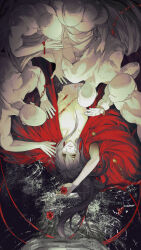 6+boys absurdres arm_up bald bead_bracelet beads black_hair black_pants blood blood_on_stomach bracelet chinese_clothes chinese_commentary clothes_down coat dao_gui_yi_xian faceless faceless_male floating_hair flower hair_down hanfu highres holding holding_flower jewelry li_huowang limited_palette long_hair looking_at_viewer lying male_focus monk multiple_boys navel on_back open_clothes open_coat pants parted_lips partially_submerged partially_undressed pectorals r-jiutian red_coat red_eyes red_flower ribs robe solo_focus spot_color string string_of_fate topless_male upside-down water yaoi