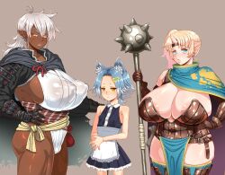 3girls animal_ears apron arm_armor armor armored_dress armored_gloves bare_arms bare_shoulders belt blonde_hair blue_dress blue_hair blush blushing_female breasts cat_ears cleavage cloak colorized dark-skinned_female dark_skin dress earrings enoshima_iki frilled_skirt frills hair_ornament hairclip height_difference horns huge_breasts jewelry large_areolae large_nipples legs_out_of_frame long_ears long_hair looking_at_viewer maid_apron mole mole_under_mouth multicolored_hair multiple_girls open_mouth orange_eyes original ribbon_trim scar scar_on_face see-through_clothes side_ponytail simple_background single_horn skirt small_breasts spiked_hair standing tagme thick_thighs thighhighs thighs two-tone_hair white_dress white_hair yellow_eyes