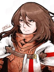 1boy armor artist_name brown_eyes brown_hair cape emisa fate/grand_order fate_(series) georgios_(fate) hair_between_eyes highres light_frown long_hair male_focus solo upper_body white_background