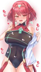 Rule 34 | 1girl, bare shoulders, black one-piece swimsuit, blush, breasts, chest jewel, core crystal (xenoblade), cowboy shot, earrings, heart, highres, jewelry, large breasts, meipasuye, one-piece swimsuit, pyra (pro swimmer) (xenoblade), pyra (xenoblade), red eyes, red hair, red one-piece swimsuit, short hair, solo, swimsuit, tiara, wet, xenoblade chronicles (series), xenoblade chronicles 2