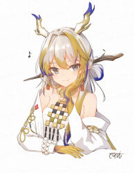 1girl absurdres arknights blue_hair brown_hair closed_mouth collarbone commentary_request coreytaiyo dated dragon_horns eighth_note grey_eyes grey_hair hair_between_eyes hair_intakes highres horns jacket long_hair long_sleeves looking_at_viewer multicolored_hair musical_note off_shoulder open_clothes open_jacket shirt shu_(arknights) signature simple_background smile solo strapless strapless_shirt streaked_hair upper_body white_background white_jacket white_shirt