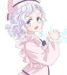1girl black_bow black_bowtie black_trim blue_eyes blue_hair bow bowtie frilled_hat frilled_sleeves frills from_side ghost hat highres hitodama medium_hair merlin_prismriver open_mouth pink_hat pink_shirt s-a-murai shirt solo touhou wavy_hair white_background