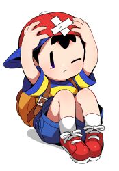 1boy ankle_socks backpack bag bandaid bandaid_on_head bare_arms baseball_cap black_eyes black_hair blue_shirt blue_shorts brown_bag buckle child closed_mouth commentary_request crossed_bandaids defeat denim denim_shorts frown full_body hands_on_headwear hat knees_up light_blush male_focus mother_(series) mother_2 ness_(mother_2) nintendo one_eye_closed pain pocket red_hat red_shoes shadow shirt shoes short_hair shorts sideways_hat simple_background sitting sneakers socks solid_oval_eyes solo striped_clothes striped_shirt suno_(imydream) t-shirt tearing_up two-tone_shirt white_background white_socks yellow_shirt
