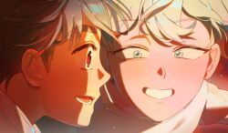 2boys alien_stage black_eyes black_hair commentary green_eyes grey_hair hashtag-only_commentary highres ivan_(alien_stage) looking_at_another male_focus multiple_boys nahuhnaur open_mouth red_pupils shirt smile till_(alien_stage) white_shirt