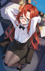 &gt;_&lt; 1girl ahoge bison_cangshu black_bow black_bowtie black_shoes black_skirt blue_screen_of_death bow bowtie brown_pantyhose chair clock closed_eyes collared_shirt commentary_request crying cup desk dress_shirt facing_viewer flower glasses hair_flower hair_ornament highres leaf_hair_ornament long_hair long_sleeves monitor mug office_chair on_chair open_mouth original pantyhose parted_bangs pentagram red-framed_eyewear red_hair semi-rimless_eyewear shirt shoes sitting skirt solo streaming_tears swivel_chair tears under-rim_eyewear very_long_hair wavy_mouth white_flower white_shirt