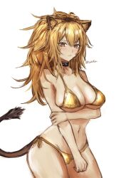 1girl absurdres animal_ears arknights bare_shoulders bikini black_choker blonde_hair breasts choker commentary cowboy_shot curvy gold_bikini highres large_breasts lion_ears lion_girl lion_tail long_hair navel sakutein_oekaki siege_(arknights) simple_background solo stomach swimsuit tail thick_thighs thighs white_background yellow_eyes