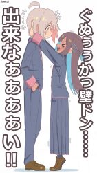 &gt;_&lt; +++ 1boy 1girl aged_down ahoge alternate_hair_length alternate_hairstyle artist_name bambi2000line black_jacket black_pants black_skirt blue_hair blush brown_eyes brown_hair brown_shoes commentary facing_another failure flat_chest from_side full-face_blush half_updo hand_in_pocket height_difference hetero highres hozuki_momiji jacket kabedon loafers long_skirt long_sleeves looking_at_another multicolored_hair onii-chan_wa_oshimai! open_mouth oyama_mahiro_(male) pants pink_hair pleated_skirt ponytail profile school_uniform shoes short_ponytail simple_background skirt smile standing stifled_laugh struggling time_paradox tiptoes translated trembling two-tone_hair white_background