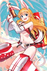 Rule 34 | 1girl, absurdres, animal ears, blonde hair, blue eyes, blush, breasts, charlotte e. yeager, cleavage, highres, hiroshi (hunter-of-kct), large breasts, long hair, looking at viewer, navel, open clothes, open mouth, open shorts, rabbit ears, rabbit tail, shorts, sky, smile, soda bottle, solo, strike witches, striker unit, tail, underboob, world witches series