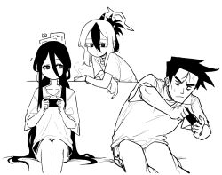 Rule 34 | 1boy, 2girls, asahina yoshitoshi, blue archive, choker, closed mouth, controller, game controller, greyscale, hair between eyes, halo, holding, holding controller, holding game controller, horns, kayoko (blue archive), kei (blue archive), long hair, looking at another, monochrome, multiple girls, parted lips, playing games, rectangular halo, sensei (blue archive), shirt, short sleeves, shorts, sitting, very long hair