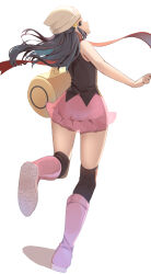 1girl absurdres ass bag beanie black_hair blue_eyes blue_hair boots breasts closed_mouth dawn_(pokemon) duffel_bag floating_scarf hair_ornament hairclip hat highres long_hair looking_at_viewer momdy_(talesshinja) nintendo pink_boots pink_skirt pokemon pokemon_dppt red_scarf scarf shirt simple_background skirt sleeveless smile solo white_background white_hat