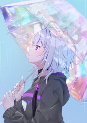 1girl animal_ear_fluff animal_ears black_choker black_hoodie blue_background cat_ears cat_girl choker from_side highres holding holding_umbrella hololive hood hood_down hoodie iridescent looking_up nekomata_okayu nekomata_okayu_(1st_costume) omichi_1219 open_umbrella purple_eyes purple_hair short_hair simple_background solo transparent transparent_umbrella umbrella upper_body virtual_youtuber