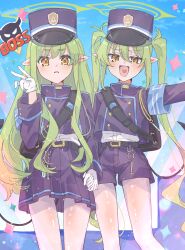 2girls blue_archive blue_hat blue_jacket cowboy_shot earrings fang gluteal_fold green_hair green_halo halo hat highres hikari_(blue_archive) holding_hands jacket jewelry long_hair looking_at_viewer multiple_girls nozomi_(blue_archive) open_mouth pantyhose pointy_ears pote_rrrr shiny_pantyhose skin_fang smile twintails white_pantyhose
