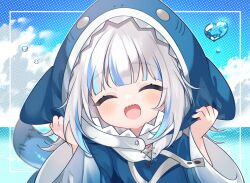 Rule 34 | 1girl, :d, ^ ^, animal hood, blue hoodie, blue sky, blue streaks, blunt bangs, blush, closed eyes, cloud, commentary, day, facing viewer, fins, fish tail, gawr gura, grey hair, hand up, highres, hololive, hololive english, hood, hoodie, inset border, long sleeves, multicolored hair, open mouth, outdoors, portrait, shark girl, shark hood, shark tail, sharp teeth, short hair, sky, smile, solo, streaked hair, symbol-only commentary, tail, teeth, wide sleeves, yuni (irohasuiroiro)