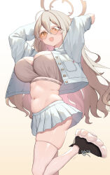 1girl absurdres ahoge akane_(blue_archive) arms_up ass black_shoes blue_archive breasts bright_pupils brown-tinted_eyewear calvin_klein cloba clothes_writing commentary cropped_jacket gradient_background gradient_hair grey_jacket grey_skirt hair_between_eyes halo heart heart-shaped_eyewear highres jacket large_breasts light_blush light_brown_hair long_hair long_sleeves looking_at_viewer miniskirt multicolored_hair navel open_clothes open_jacket open_mouth pink_hair pleated_skirt pocket shoes skindentation skirt smile sneakers solo standing standing_on_one_leg sunglasses thighhighs thighs tinted_eyewear underbutt very_long_hair white_background white_pupils