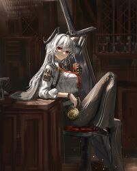 1girl absurdres arkilide arm_pouch black_gloves black_horns black_pants black_pouch black_shoes breasts chest_harness closed_mouth collared_shirt commentary cup curled_horns gloves grey_hair harness high-waist_pants highres holding holding_cup horns indoors knee_up large_breasts long_hair looking_at_viewer necktie pants red_eyes red_necktie shirt shirt_tucked_in shoes single_glove sitting solo white_shirt wuthering_waves zani_(wuthering_waves)