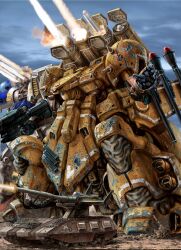 blue_sky bullet_hole caterpillar_tracks cloud commentary_request corrupted_twitter_file day desert firing full_body green_eyes gun gundam gundam_0083 gundam_gp-02_physalis highres holding holding_gun holding_weapon machine_gun magella_attack mecha mecha_focus military_vehicle missile missile_pod mobile_suit motor_vehicle no_humans open_hand outdoors robot science_fiction shoulder_spikes sky spikes standing sturm_faust tank v-fin weapon xamel zandan_zero_to_na!? zeon