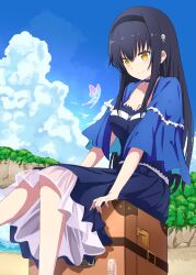 Rule 34 | 1girl, black camisole, black choker, black hair, black hairband, black skirt, blue butterfly, blue capelet, blue sky, blush, bone hair ornament, breasts, bug, butterfly, camisole, capelet, choker, cleavage, closed mouth, cloud, collarbone, commentary request, cumulonimbus cloud, day, english text, feet out of frame, frilled capelet, frilled choker, frills, glowing butterfly, hair between eyes, hair ornament, hairband, happy, highres, insect, knees together feet apart, kushima kamome, large breasts, long hair, looking at animal, medium skirt, ocean, on suitcase, outdoors, poteto furai, ringed eyes, rolling suitcase, shore, sidelocks, sitting, skirt, skull and crossbones, skull hair ornament, sky, smile, solo, split mouth, straight hair, suitcase, summer pockets, very long hair, yellow eyes