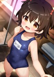 1girl adversarial_noise akagi_miria blue_one-piece_swimsuit bow breasts brown_hair cedar_(cedar_japonica) commentary_request hair_bow idolmaster idolmaster_cinderella_girls indoors looking_at_viewer name_tag one-piece_swimsuit open_mouth paid_reward_available red_bow school_swimsuit short_hair small_breasts solo swimsuit two_side_up variant_set