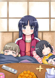 3girls blush closed_eyes controller food fruit gokou_hinata gokou_ruri gokou_tamaki long_hair lying mad_(hazukiken) mole mole_under_eye multiple_girls open_mouth orange_(fruit) ore_no_imouto_ga_konna_ni_kawaii_wake_ga_nai pillow remote_control short_hair siblings sisters sleeping table tissue track_suit