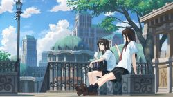 2girls :d arm_support bag bendy_straw black_eyes black_hair black_legwear black_sailor_collar black_skirt blue_sky blush brown_footwear brown_hair building cathedral city cloud cloudy_sky commentary_request cup day disposable_cup dome drinking drinking_straw highres holding holding_cup ironwork lamppost loafers long_hair looking_at_another multiple_girls necktie open_mouth original outdoors outstretched_legs pleated_skirt railing red_neckwear sailor_collar school_bag school_uniform serafuku shirt shoe_soles shoes short_sleeves sitting skirt sky smile socks talking tree wasabi60 white_shirt wide_shot