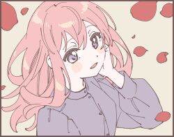 1girl black_border blush_stickers border falling_petals floating_hair grey_background hand_on_own_cheek hand_on_own_face highres long_hair long_sleeves looking_at_viewer namori open_mouth original petals pink_hair puffy_long_sleeves puffy_sleeves purple_eyes purple_shirt red_petals rose_petals shirt simple_background smile solo