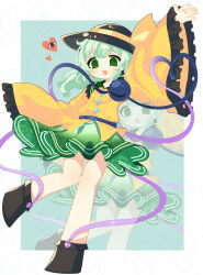 Rule 34 | 1girl, aoiuna, arm up, black shoes, border, frilled shirt, frills, full body, green eyes, green hair, green skirt, heart, heart in mouth, heart of string, highres, komeiji koishi, looking at viewer, shirt, shoes, skirt, solo, third eye, touhou, white border, wide sleeves, yellow shirt, zoom layer
